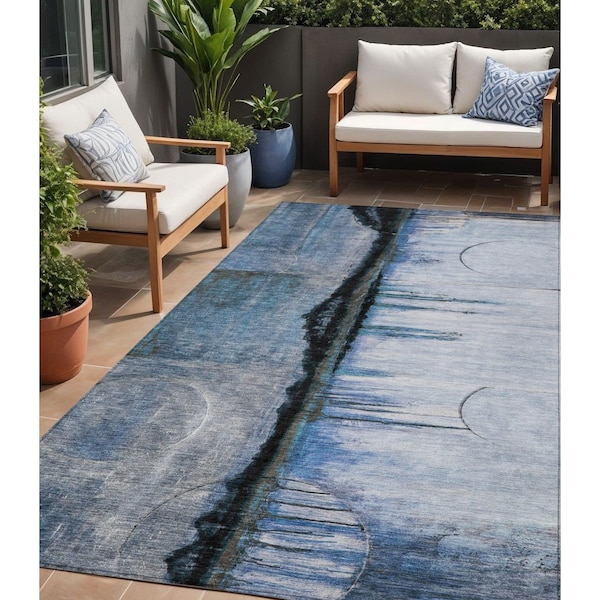 Homeroots 5' X 8' Blue And Charcoal Abstract Washable Indoor Outdoor Area Rug 630466 - main