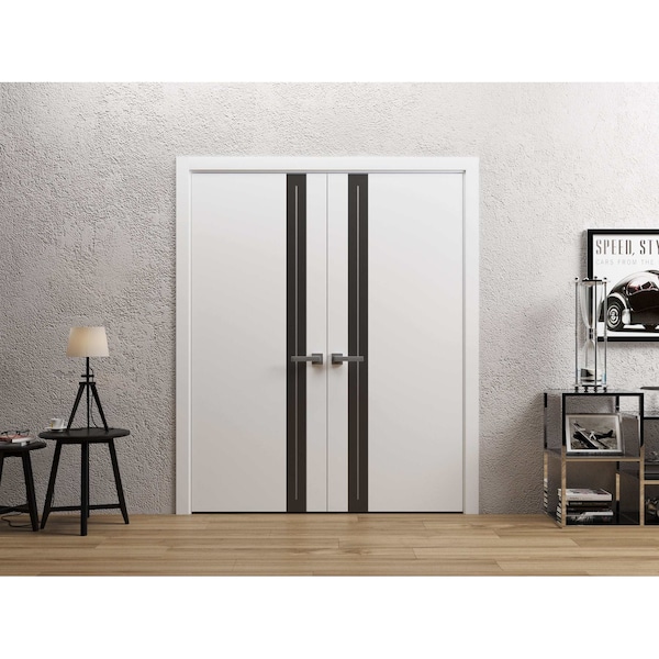 Sartodoors Interior Double Doors 84 x 96 inches, Planum 0444 White Silk with Black Inserts and Frosted Glass, PLANUM0444DD-WS-8496 - main