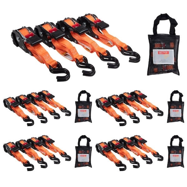 Mytee Products 1in x 12ft Orange Auto Retractable Ratchet Straps with S Hook Tiedowns, 5PK RS112R-OR4PKx5 - main