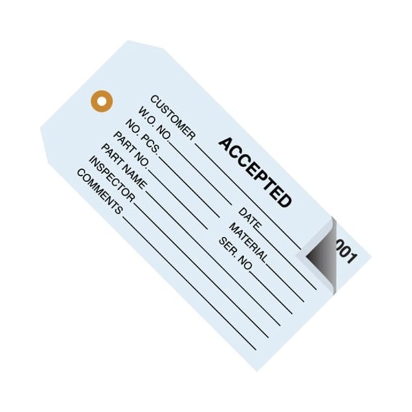 Partners Brand Inspection Tags, 2 Part, Numbered 001-499, "Accepted", 4 3/4" x 2 3/8", Blue, PK500 G21011 - main