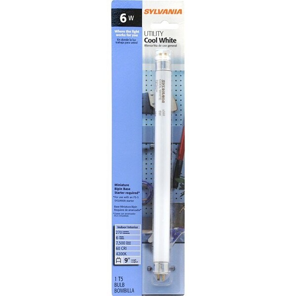 Sylvania Fluorescent Bulb, 6 W, T5 Lamp, Miniature G5 Lamp Base, 270 Lumens, 4200 K Color Temp 20619 - main