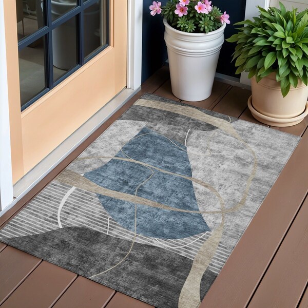 Homeroots 3' X 5' Blue Gray And Charcoal Abstract Washable Indoor Outdoor Area Rug 587572 - main