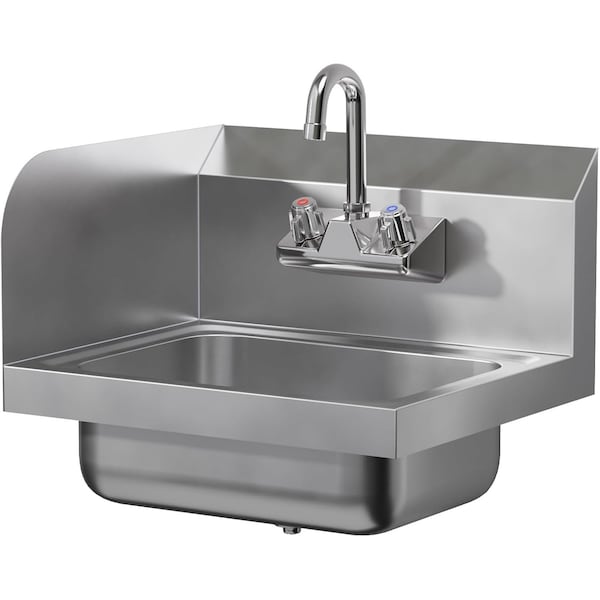 Amgood Stainless Steel Wall Mounted Hand Sink 17 in. x 15 in. w/Left Side Splash and Gooseneck Faucet SINK HS-17SS-L-Z - main