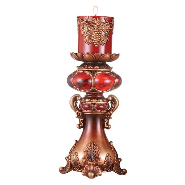 Homeroots 16" Tall Red and Brown Faux Marble Candle Holder with Candle 468327 - main