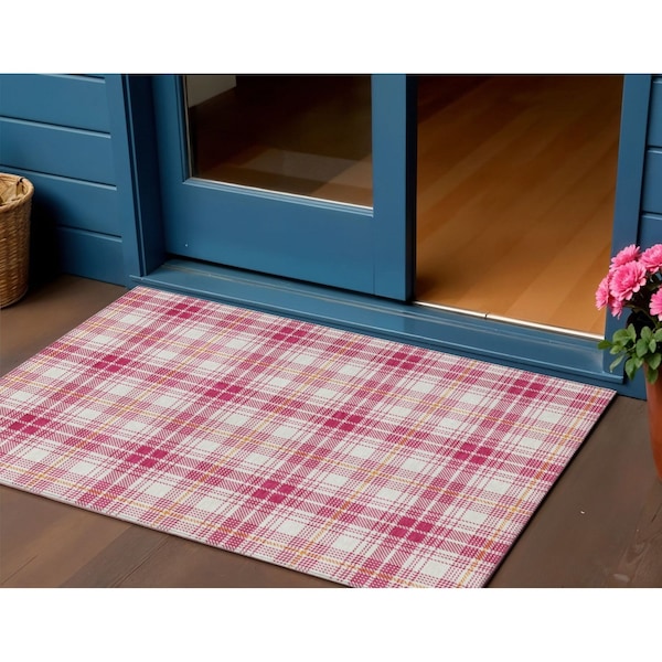 Homeroots 3' X 5' Blush Ivory And Copper Plaid Washable Indoor Outdoor Area Rug 597087 - main