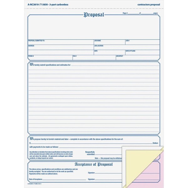 Cardinal Brands Adams, Contractor Proposal Form, 3-Part Carbonless, 8 1/2 X 11 7/16, 50 Forms NC3819 - main