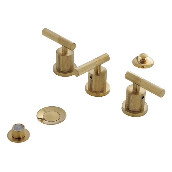 Kingston Brass Three-Handle Bidet Faucet with Knurled Handle and Brass Pop-Up, Brushed Brass KB6327KNL - main