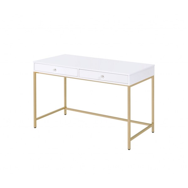 Homeroots 47" White and Gold Computer Desk With Two Drawers 347510 - main