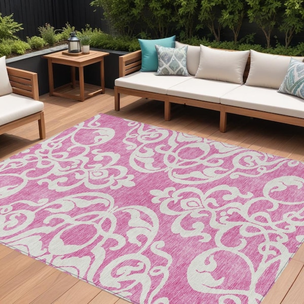 Homeroots 9' X 12' Blush And Ivory Damask Washable Indoor Outdoor Area Rug 614417 - main
