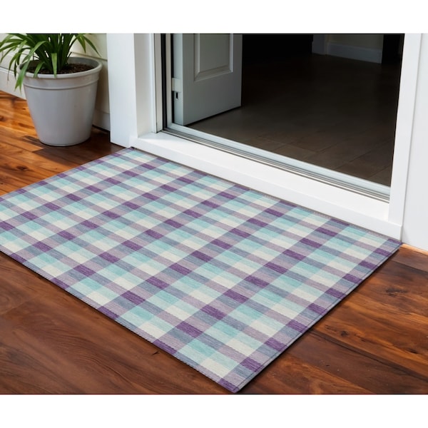 Homeroots 3' X 5' Purple Aqua And Beige Plaid Washable Indoor Outdoor Area Rug 601422 - main