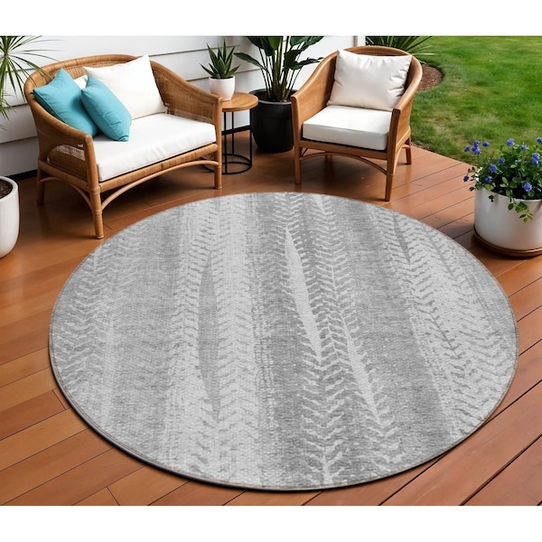 Homeroots 8' Silver Gray And Graphite Round Botanical Leaves Washable Indoor Outdoor Area Rug 581992 - main