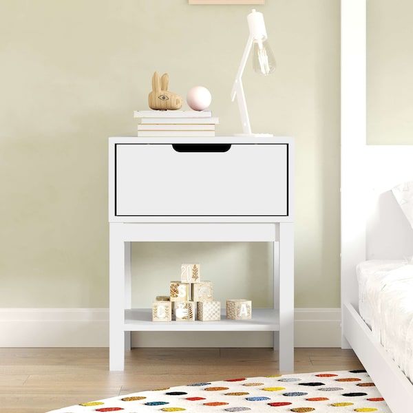 Flash Furniture Dallas Wooden Night Stand, Bedroom Side Table with Storage Drawer and Shelf for Kids in White MG-9007-1-NS-WH-GG - main