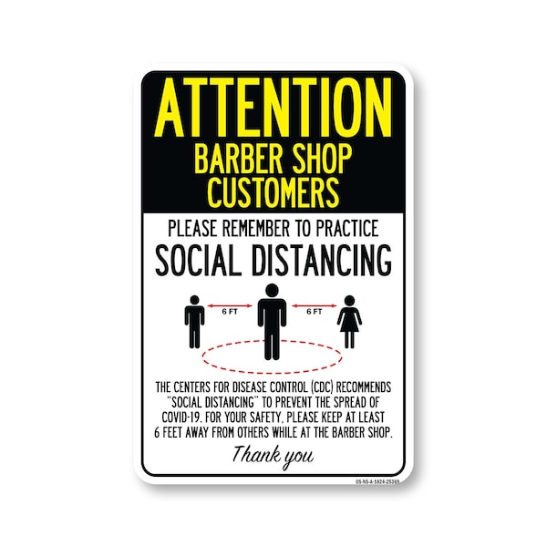 Signmission Public Safety, Barber Shop Customers Practice Social Distancing, 24in X 18in, OS-NS-A-1824-25369 OS-NS-A-1824-25369 - main
