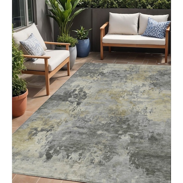 Homeroots 5' X 8' Pewter Charcoal And Gold Abstract Washable Indoor Outdoor Area Rug 630880 - main