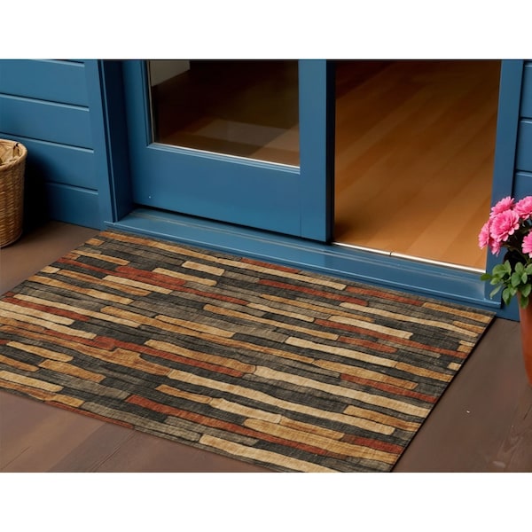Homeroots 3' X 5' Coffee And Brown Striped Washable Indoor Outdoor Area Rug 608940 - main