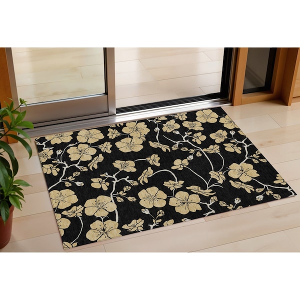 Homeroots 3' X 5' Black And Gold Floral Washable Indoor Outdoor Area Rug 599994 - main