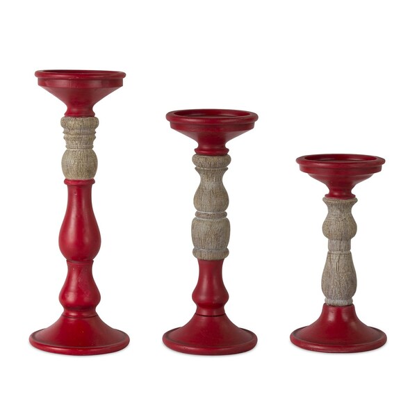 Homeroots Set of Three Red And Natural Ornate Resin Tabletop Pillar Candle Holders, 3PK 516457 - main