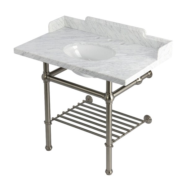 Kingston Brass 36-Inch Carrara Marble Console Sink with Brass Legs and Shelf, 8-Inch, 3-Hole LMS3630MBB8 - main