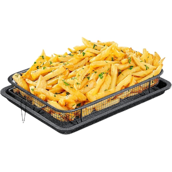 Bakken-Swiss 2-Piece Crisper Tray Set, Gray Marble Non-Stick, Basket Design for Crisp Chips and Bacon BAKCRIPGRY - main