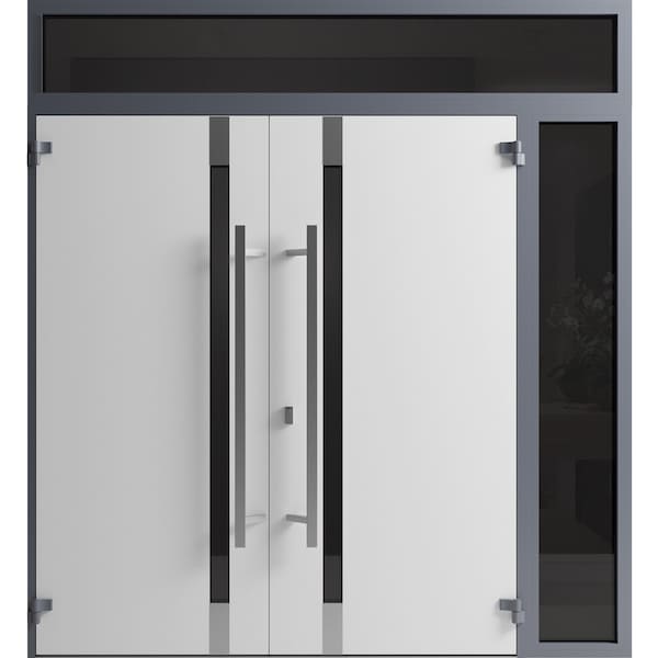 Vdomdoors Front Exterior Prehung Aluminum Double Doors Ronex1011 Grey 1 Sidelight and Top Transom Mirrored RONEX1011DEXD-GRE-W72+12xH96+16-RH-I - main