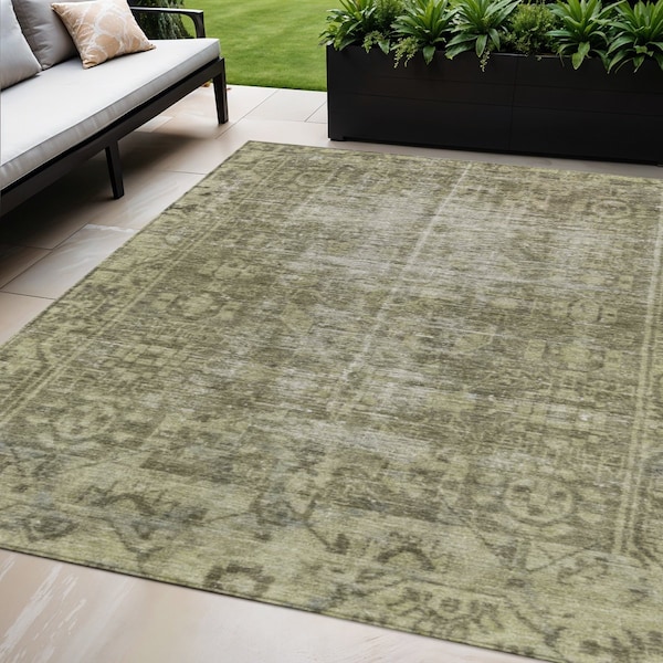 Homeroots 5' X 8' Olive Green Oriental Washable Indoor Outdoor Area Rug 607567 - main