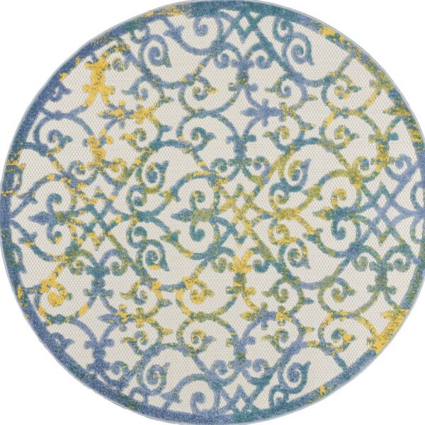 Homeroots 4' Ivory Blue And Yellow Round Trellis Indoor Outdoor Area Rug 546804 - main