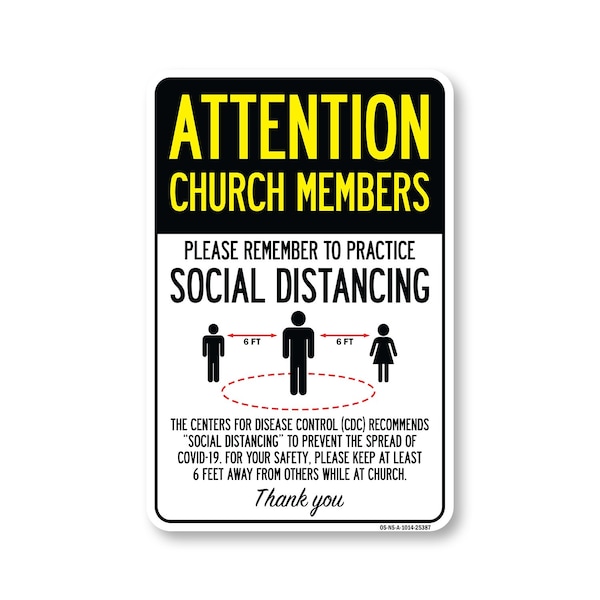 Signmission Public Safety, Church Members Practice Social Distancing, 14in X 10in Aluminum, OS-NS-A-1014-25387 OS-NS-A-1014-25387 - main