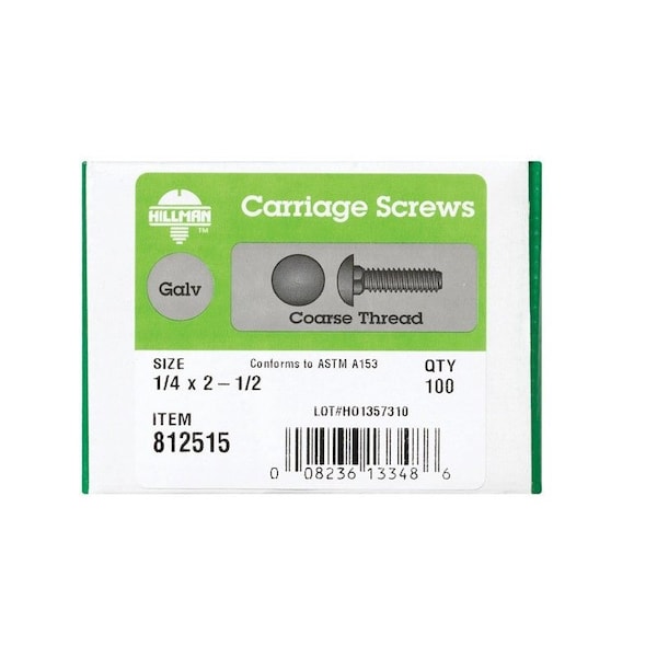 Hillman 1/4 in. X 2-1/2 in. L Hot Dipped Galvanized Steel Carriage Bolt, 100PK 812515 - main