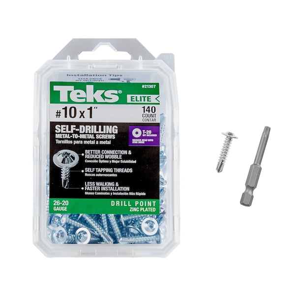 Teks #10 x 1 in Metal-to-Metal Screws, Low Profile, Drill Point, Star Drive, w/ T-20 Bit, Zinc, 140PK 21307 - main