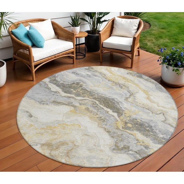 Homeroots 8' Gold And Silver Round Abstract Washable Indoor Outdoor Area Rug 618426 - main