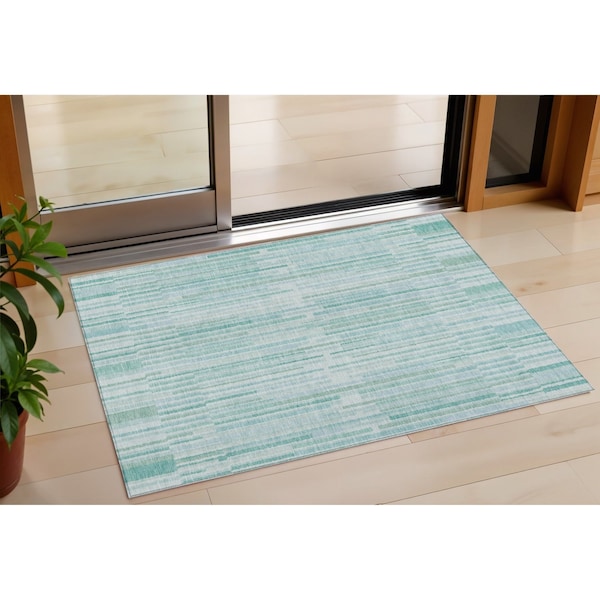Homeroots 3' X 5' Turquoise And Pale Aqua Striped Washable Indoor Outdoor Area Rug 631569 - main