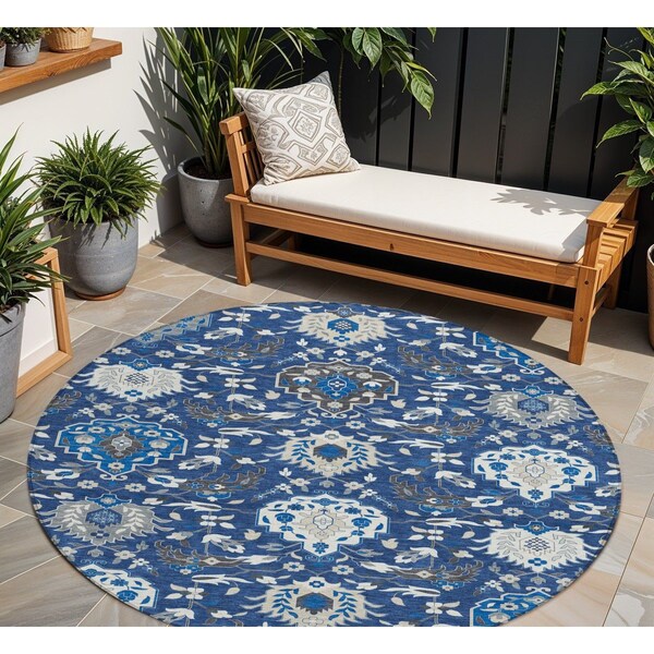 Homeroots 8' Navy Blue Charcoal And Ivory Round Damask Washable Indoor Outdoor Area Rug 599438 - main