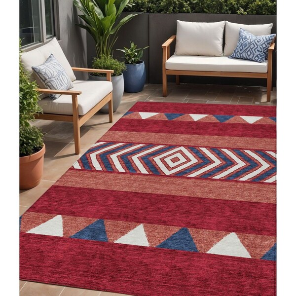Homeroots 5' X 8' Red White And Navy Blue Southwestern Washable Indoor Outdoor Area Rug 613946 - main