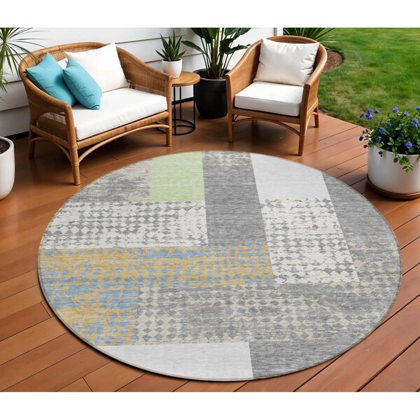 Homeroots 8' Gray Ivory And Mint Green Round Geometric Washable Indoor Outdoor Area Rug 612420 - main