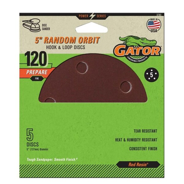 Gator Finishing Red Resin 5 in. Random Orbit Hook and Loop Sanding Discs, 120 Grit, Fine, 5PK 3783 - main