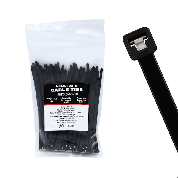 Cable Ties Unlimited Metal Tooth Cable Tie, 5.5 in L, 40 lb Strength, 1.1 in Max Bundle Dia, Nylon, UV-Res, Black, 100PK MT5.5-40-0C - main