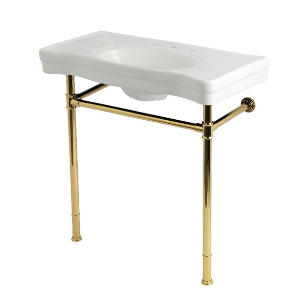 Kingston Brass 36" Ceramic Console Sink with Stainless Steel Legs, 8-Inch, 3-Hole, White/Polished Brass KVPB36198W82 - main