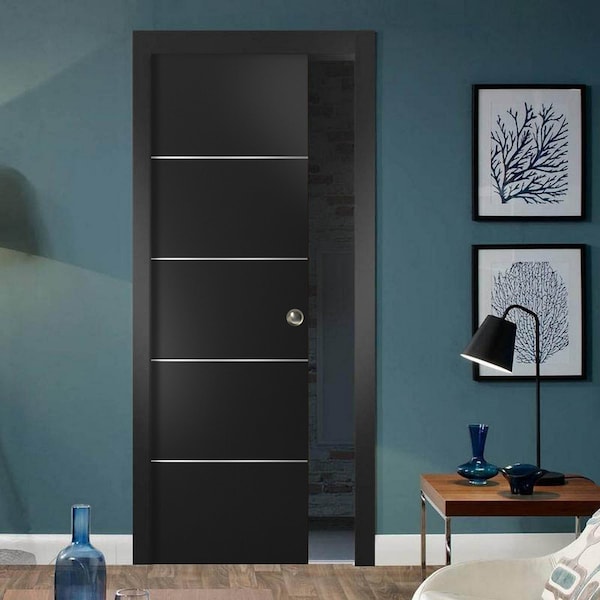 Sartodoors Sliding French Pocket Door with, Planum 0020 Matte Black, Kit Trims Rail Hardware, Solid Wood Inter PLANUM0020PD-BLK-42 - main