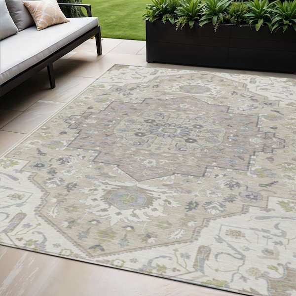 Homeroots 8' X 10' Ivory Beige And Gray Oriental Washable Indoor Outdoor Area Rug 596635 - main