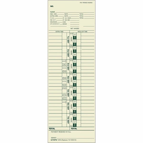 Tops Business Forms TOPS, Time Card For Cincinnati/simplex, Weekly, 3 1/2 X 10 1/2, 500PK 1255 - main