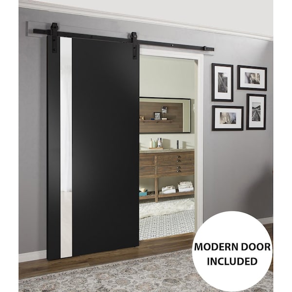 Sartodoors Sturdy Barn Door, Planum 0040 Matte Black with White Glass, 6.6FT Rail Hangers Heavy Hardware Set, PLANUM0040BD-B-BLK-3684 - main