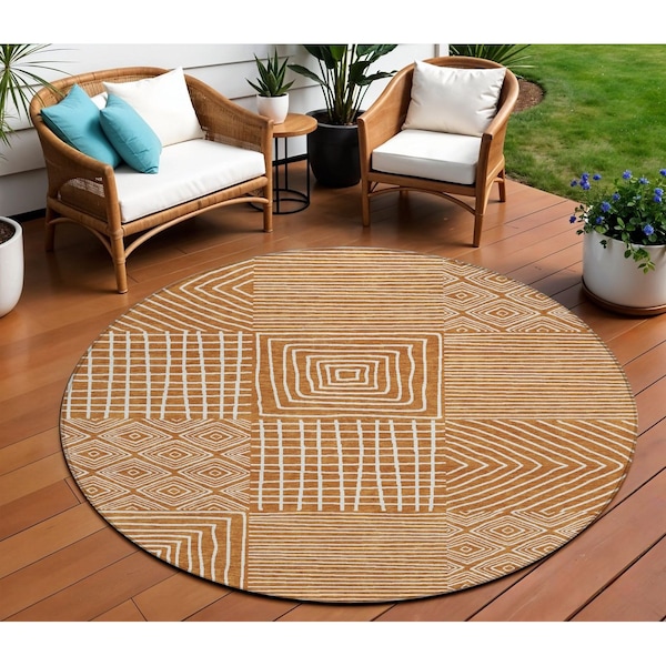 Homeroots 8' Copper And Ivory Round Geometric Washable Indoor Outdoor Area Rug 600776 - main