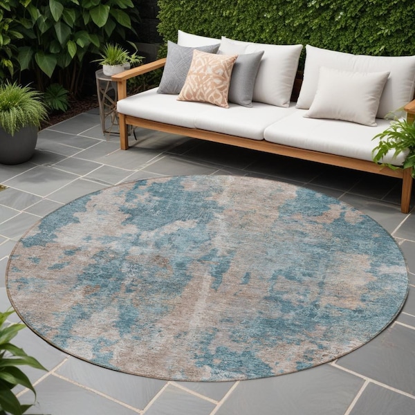 Homeroots 8' Round Teal and Taupe Round Abstract Washable Non Skid Indoor Outdoor Area Rug 564292 - main