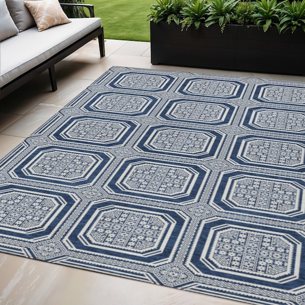 Homeroots 5' X 8' Navy Blue And Ivory Geometric Washable Indoor Outdoor Area Rug 610836 - main