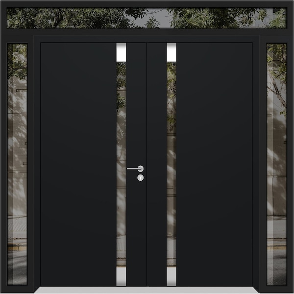 Vdomdoors Aluminum Double Doors Cynex 6777 Black 2 Sidelights and Top Transom Mirrored Clear Glass Modern Pai CYNEX6777DEXD-BLK-W12+72+12xH80+16-RH-I - main