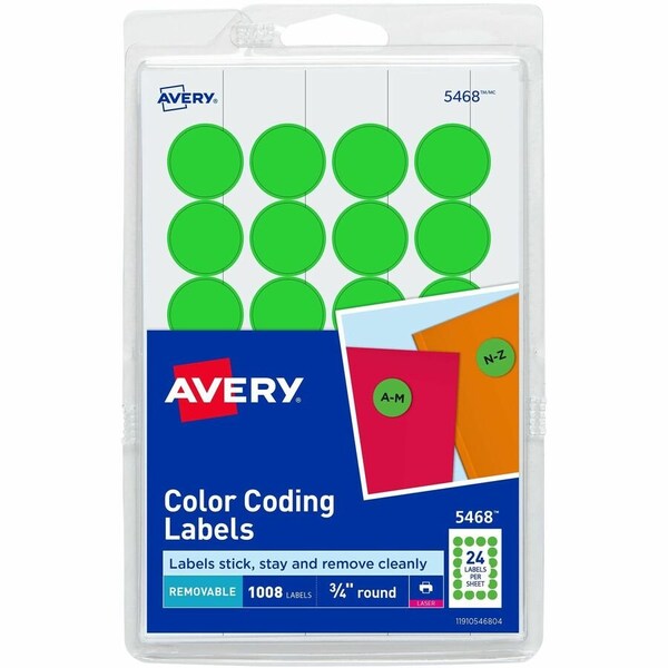 Avery Print or Write Removable Color-Coding Labels, 3/4" Dia, Neon Green, 1008/Pack 5468 - main