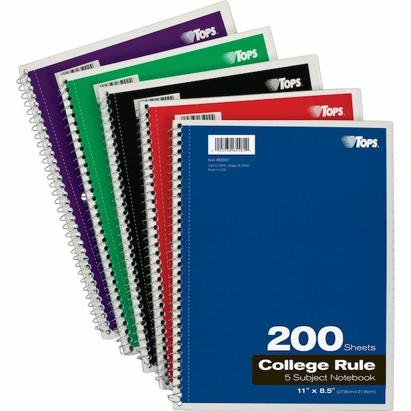 Tops Business Forms TOPS Wirebound 5-Subject Notebook, 8-1/2" x 11", 200 Sheets/Pad, 1 Pad/Pack 65581 - main
