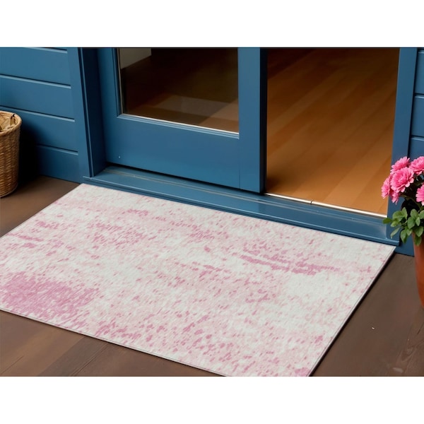 Homeroots 3' X 5' Pink And Ivory Abstract Washable Indoor Outdoor Area Rug 612959 - main