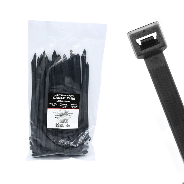 Cable Ties Unlimited Cable Tie, 8 in L, 120 lb Strength, 2.2 in Max Bundle Dia, Nylon 6/6, UV Resistant, Black, 100PK LHD8-120-0C - main