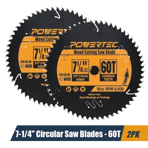 Powertec 7-1/4 Inch Circular Saw Blade, 60T, 5/8" Arbor, Thin Kerf Carbide Tipped Wood Cutting Blade, 2PK 14016-P2 - main